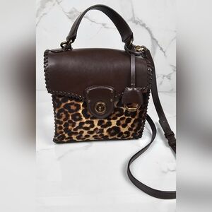 Ralph Lauren Dark Brown Leather Crossbody Bag with‎ Leopard Print